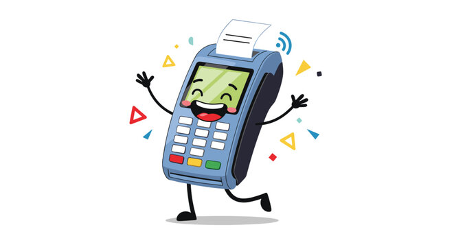 Cute cartoon mascot of a credit card terminal jumping for joy with confetti representing successful payment processing.