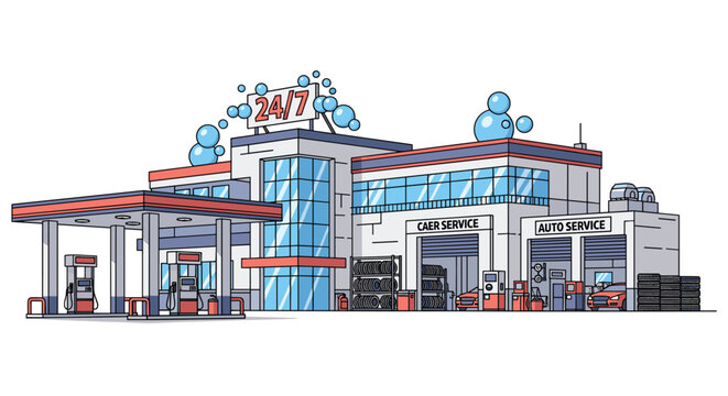 Modern service station building providing twenty four hour fuel convenience store car wash and automotive repair bays.