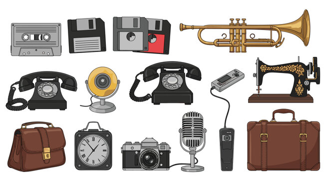 Extensive collection of vintage technology and retro objects such as rotary phones floppy disks cameras and instruments.