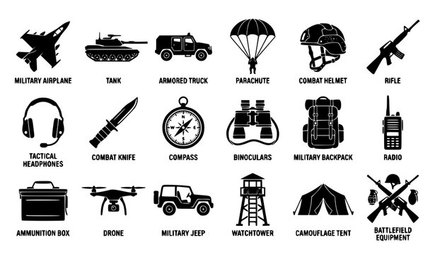 Military Icon Set with Airplane Tank Truck Parachute Helmet and Tactical Equipment