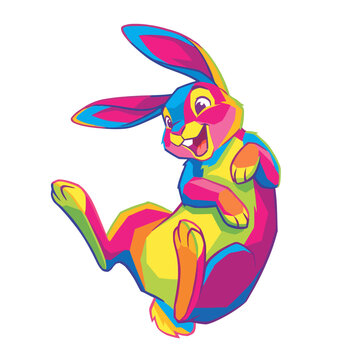Colorful Pop Art Style Illustration of a Happy Jumping Rabbit Bunny on White Background