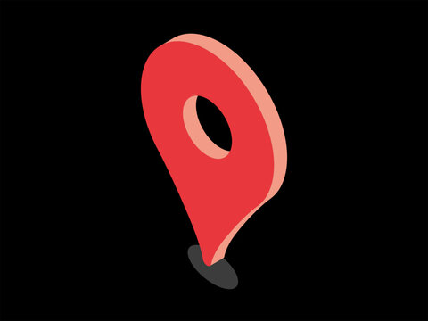 Modern 3D Isometric Map Pin Vector Illustration: High Contrast Red Location Marker Icon for Dark Mode Navigation and Delivery UI on Black Background