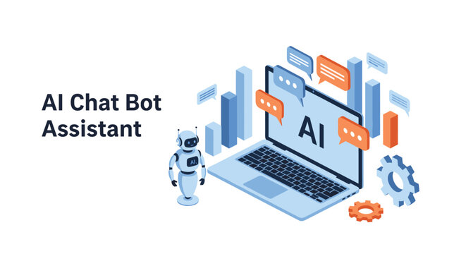 Isometric conceptual illustration of an ai chat bot assistant on a laptop screen with floating speech bubbles and gears.