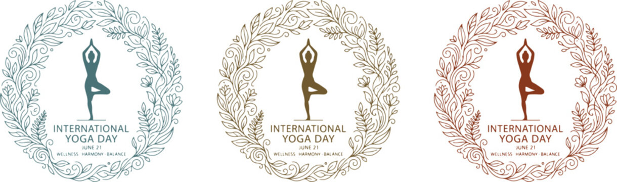 International yoga day logos with floral wreaths