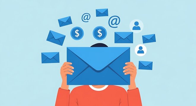 Person holding large blue envelope with smaller envelopes and symbols floating around