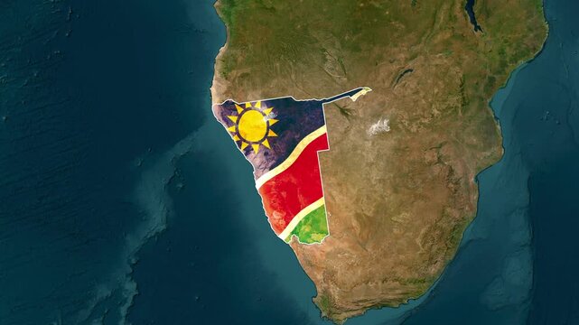 Namibian flag overlaid on a satellite map of Africa, showing movement and travel footage