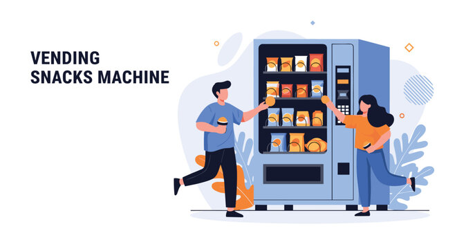 Happy people buying delicious snacks and drinks from a modern vending machine in an office or public space illustration.