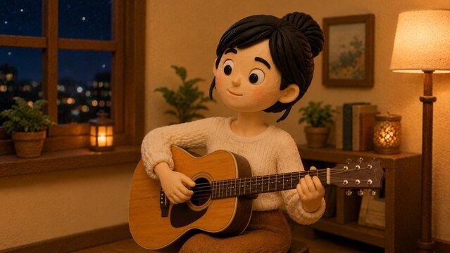 クレイアニメ風の女性キャラクターが夜の部屋でアコースティックギターを弾くほっこりとしたシーン