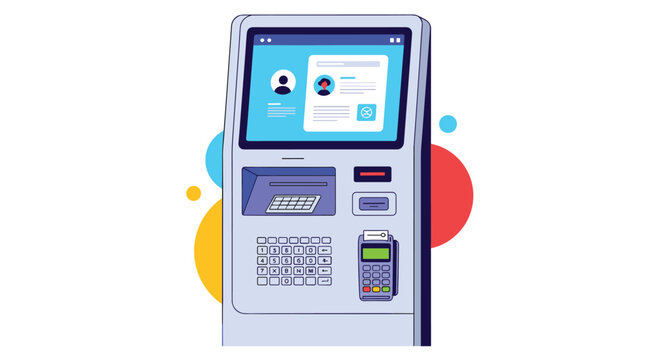 Modern self-service payment terminal or information kiosk with a large touchscreen display and credit card reader interface illustration.