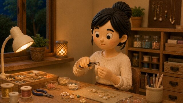 クレイアニメ風の女性キャラクターが夜の手芸部屋でアクセサリー作りをするほっこりとしたシーン