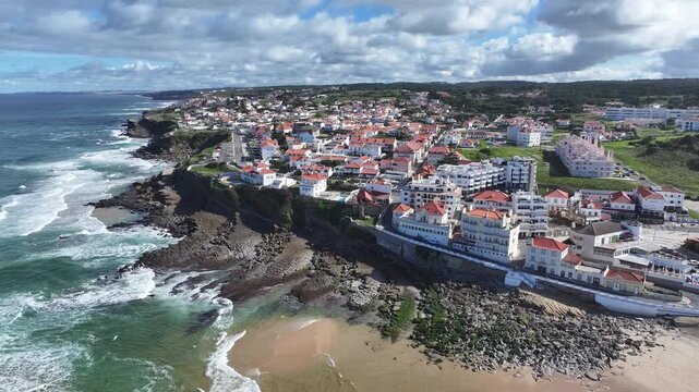 Macas Beach At Sintra In District Of Lisbon Portugal. Beach Skyline. Nature Landscape. Summer Travel. Macas Beach At Sintra In District Of Lisbon Portugal. Tropical Scenery.
