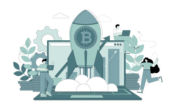 Bitcoin cryptocurrency. Rising prices for cryptocurrency. Cryptocurrency in a rocket skyrockets
