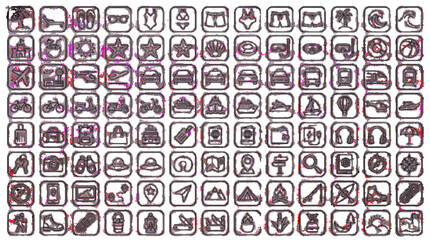 Fototapeta premium caraing summer travel mega icon set, beach vacation, transportation, luggage, navigation and adventure elements, vector line art, black and white, white background