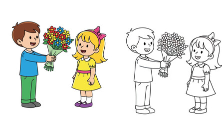 Cartoon illustration of a little boy giving a bouquet of flowers to a girl with black and white outline version for children coloring book page activity
