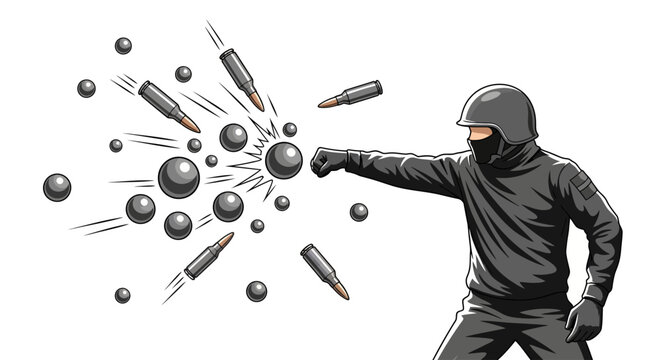 Soldier punches bullets and deflecting them with a force shield