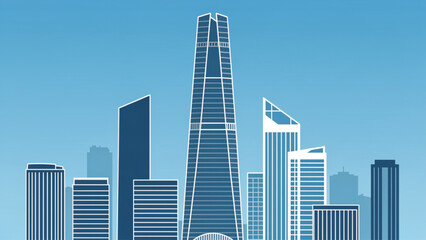 Obraz premium Modern skyscrapers with glass facades in a vibrant city skyline under blue sky