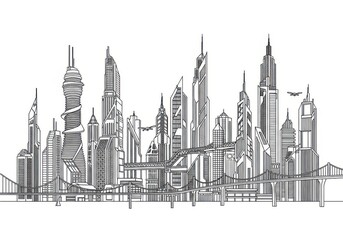 Obraz premium Black and white line art drawing of a modern city skyline with tall skyscrapers and urban buildings