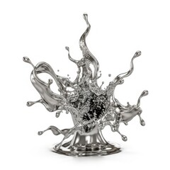 Naklejka premium Liquid silver metal splash isolated on white background, with dynamic droplets, and reflective surface
