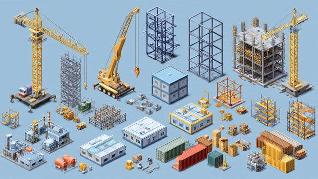 Construction Site with Cranes Steel Framework and Building Materials in Progress