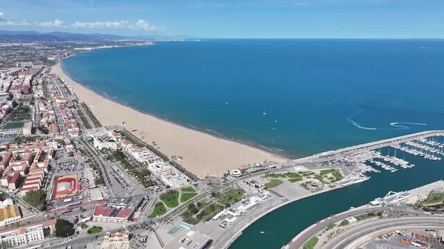 Las Arenas Beach At Valencia In Valence Community Spain. Stunning Cityscape. Beach Landscape. Highrise Buildings. Las Arenas Beach At Valencia In Valence Community Spain. Nature Background.
