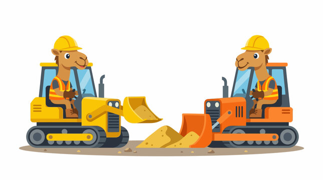 Two camels in hard hats operating bulldozers for construction and heavy machinery work