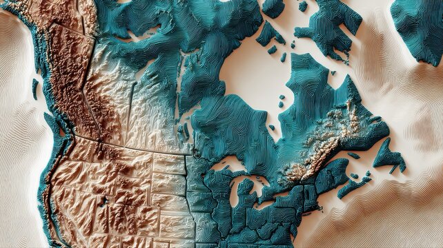 Map shows the topography of North America with emphasis on mountains and valleys, water bodies and landforms, highlighting geography in a creative way