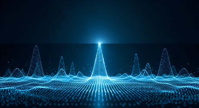 Abstract digital landscape featuring glowing blue particles forming mountain peaks under a dark background for modern technology data science visualization