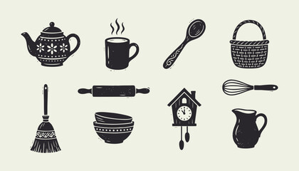 Set of hand drawn kitchen and household items in rustic folk art style © Ghaghah24