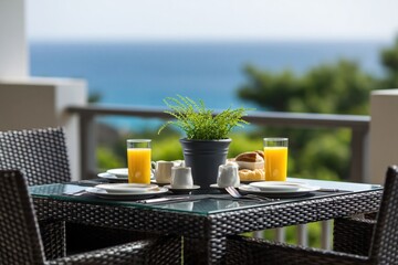 Fototapeta premium Breakfast on balcony with ocean view table chairs wicker furniture juice