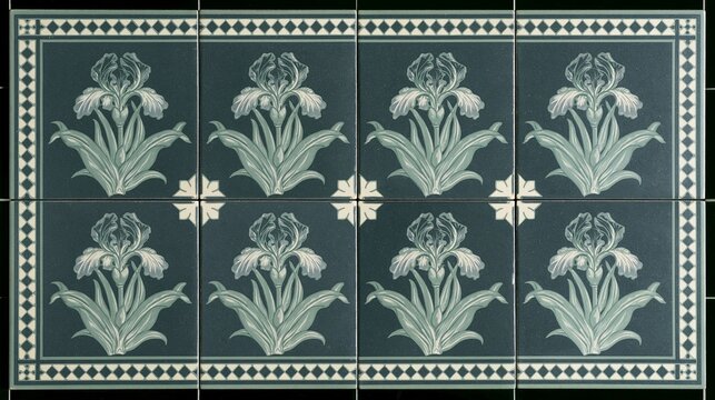 Flat lay of Art Nouveau tiles with floral pattern