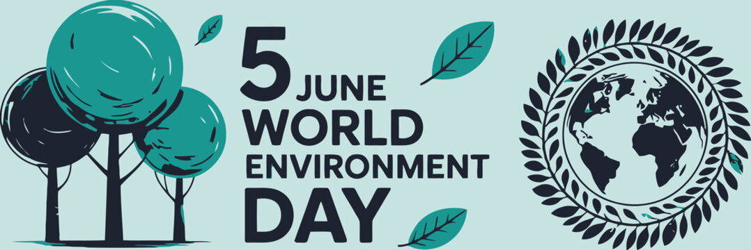 World environment day banner design with green trees and text 5 june ecology awareness illustration