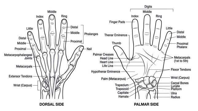 Anatomy of the Human Hand: Dorsal and Palmar Views with Labels