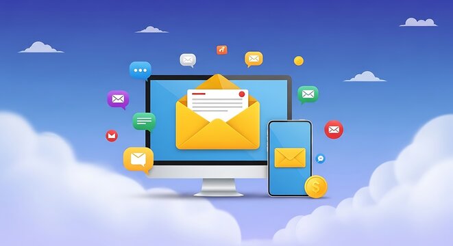 A computer screen displaying an email on a sunny day with clouds and icons