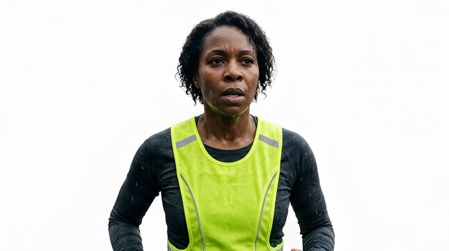 Mid-shot of a focused Black woman athlete jogging in rainy conditions wearing a neon yellow high-visibility reflective safety vest and grey long-sleeved activewear.