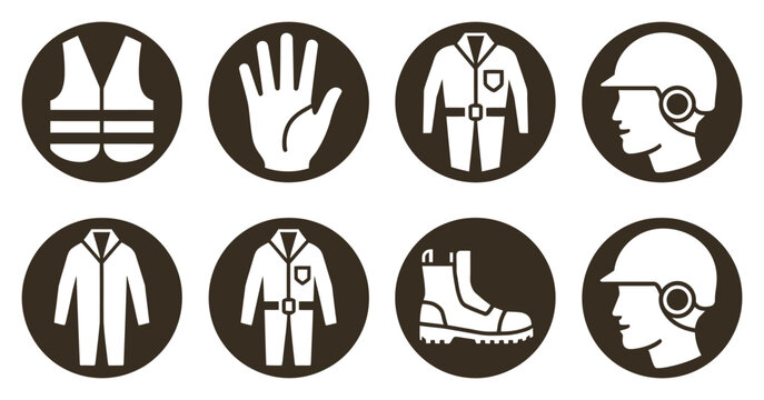 Protective Clothing Icon Set Featuring Personal Protective Equipment PPE Signs, Safety Helmet, Reflective Vest, Gloves and Safety Boots