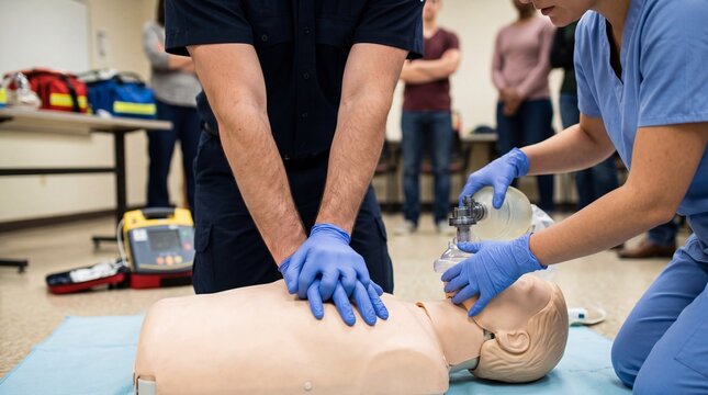 CPR Training: A close-up view of a CPR training session where individuals practice chest compressions and rescue breaths on a mannequin.