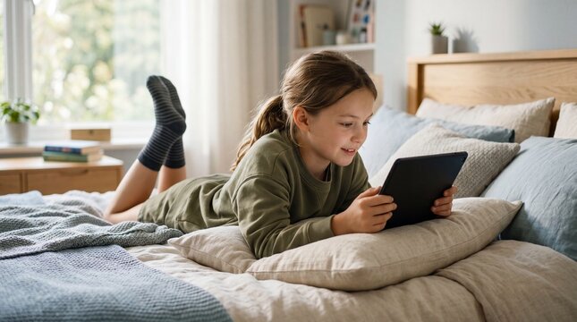 Young Girl Enjoying Tablet in Bed: A cheerful young girl with a ponytail, wearing a green long-sleeved shirt and dark socks, lies on a comfortable bed, engrossed in her tablet, bathed in soft.