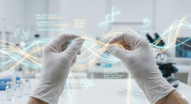 Gloved researcher hands interacting with a digital DNA strand in a laboratory, illustrating gene editing, genome analysis, biotechnology, and genetic research.