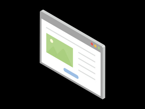 Modern 3D Isometric Web Browser Window Vector Illustration: High Contrast Website Interface Layout for Dark Mode Software and Tech UI on Black Background