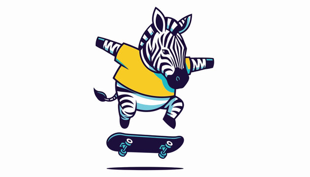 Funky zebra character performing a skateboard trick with a yellow t-shirt and dynamic pose
