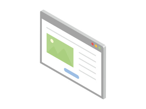 3D Isometric Web Browser Window Vector Illustration: Minimalist Website Interface Layout with Image Placeholder and Button, UI UX Development Element Isolated