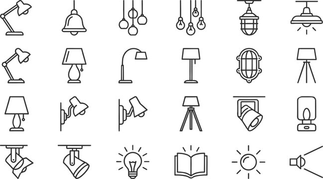 Flat vector lighting icons set with colorful geometric symbols for modern interior home lamps ceiling fixtures and glowing lightbulbs