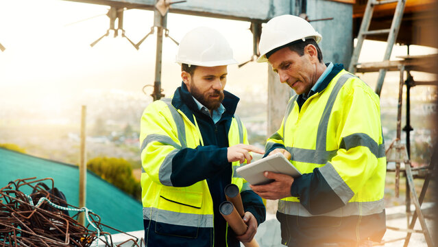 Architect, men or talk with tablet for construction planning, renovation project or digital blueprint. Architecture, worker or team with tech outdoor for site safety, code compliance or zoning permit