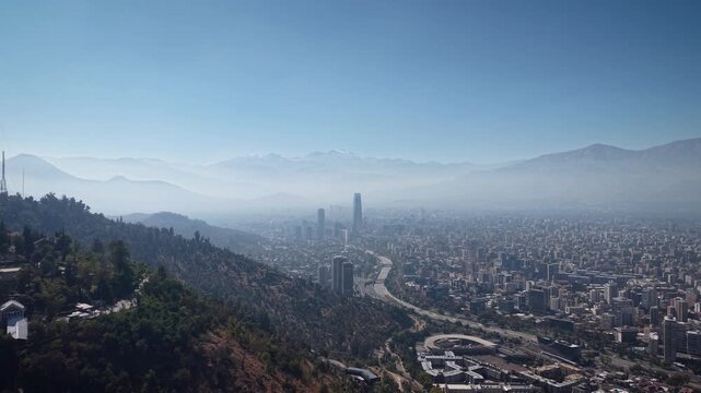 4K aerial drone footage of Santiago de Chile with Costanera and the Andes on the back