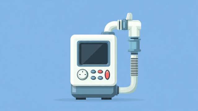 Modern medical ventilator machine with display screen and tubing against blue background