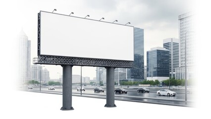 Fototapeta premium Modern billboard on elevated metal structure with city skyline