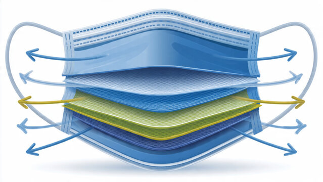 Stack of colorful disposable face masks in blue green and yellow with airflow lines