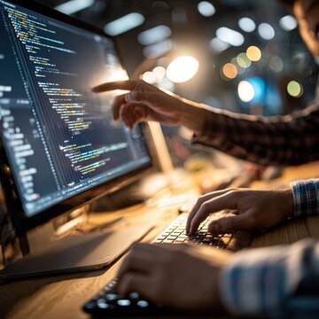 Software developer coding on laptop computer with programming code on screen in modern office environment with bokeh lights
