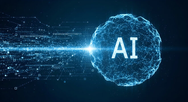 Glowing blue artificial intelligence text centered inside a digital sphere made of interconnected nodes and binary code data stream patterns