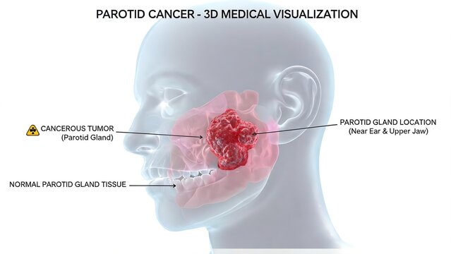 3D Labeled Medical Visualization of Parotid Gland Cancer Showing Normal Gland Tissue and Malignant Tumor in Human Facial Anatomy Near Ear and Jaw